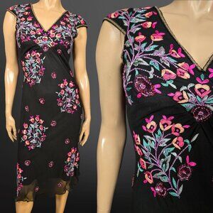 Vintage 90s Aftershock Black Silk Beaded Floral Embroidered Midi Dress Size XS
